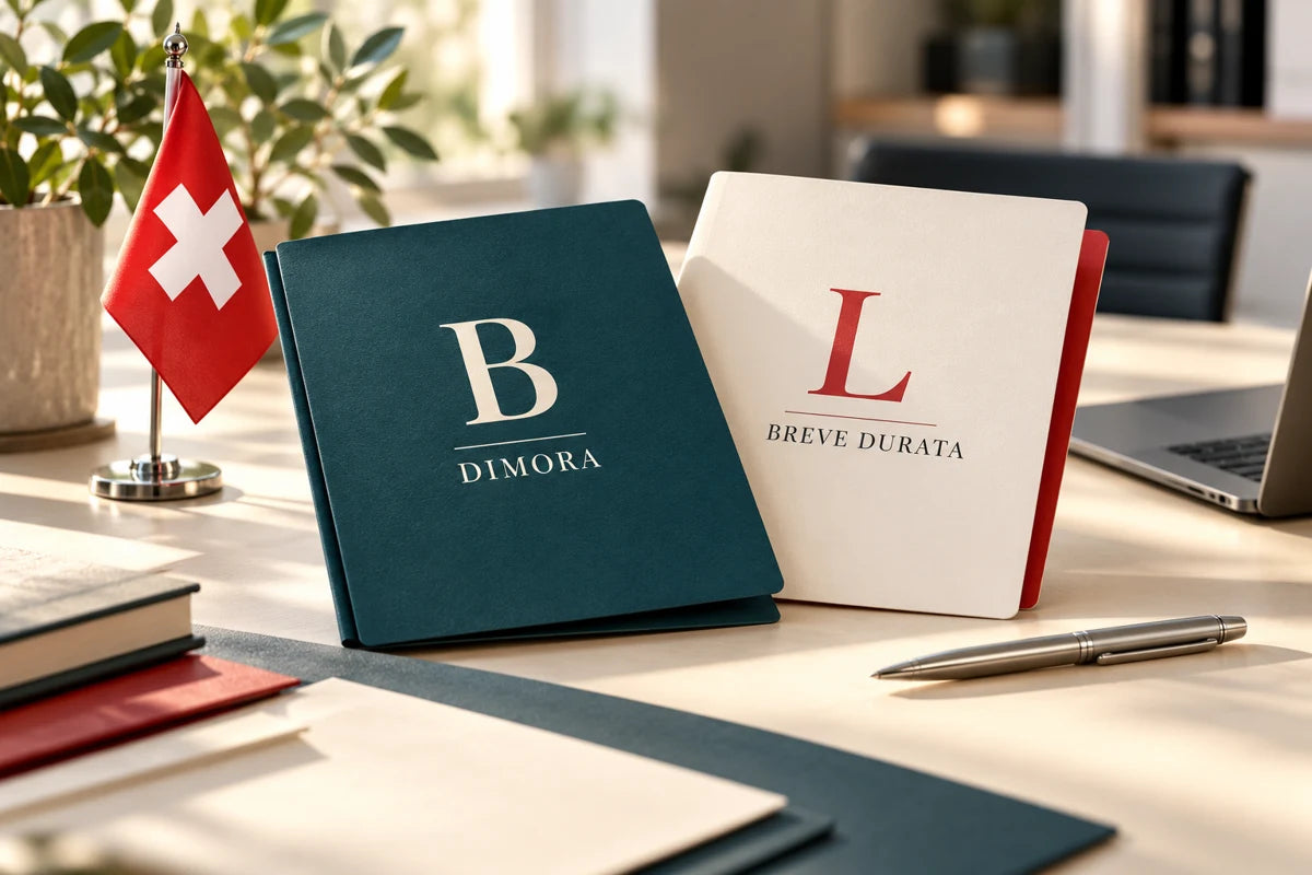 Illustrazione dei permessi B e L: cartelle Dimora e Breve durata su una scrivania con bandiera svizzera