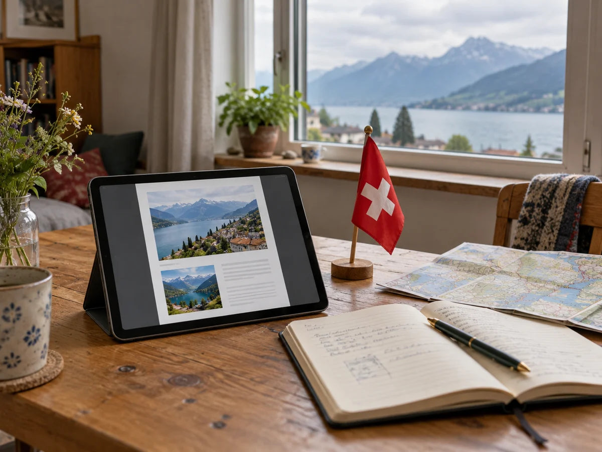 Scena illustrativa con guide digitali su tablet, quaderno e mappa per preparare il trasferimento in Svizzera