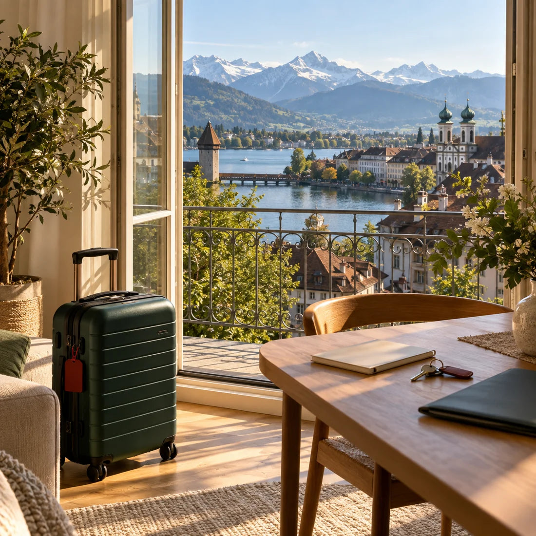 Scena illustrativa di un nuovo inizio in Svizzera: valigia e chiavi in un appartamento con vista sul lago e sulle Alpi.
